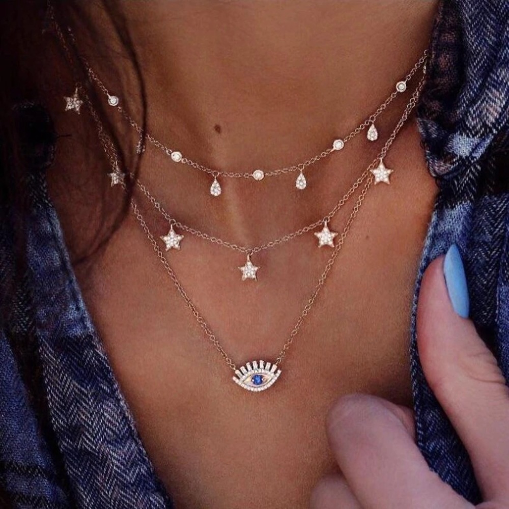 NEW Faux Crystal Pendant Necklace Eye Stars Water Drops